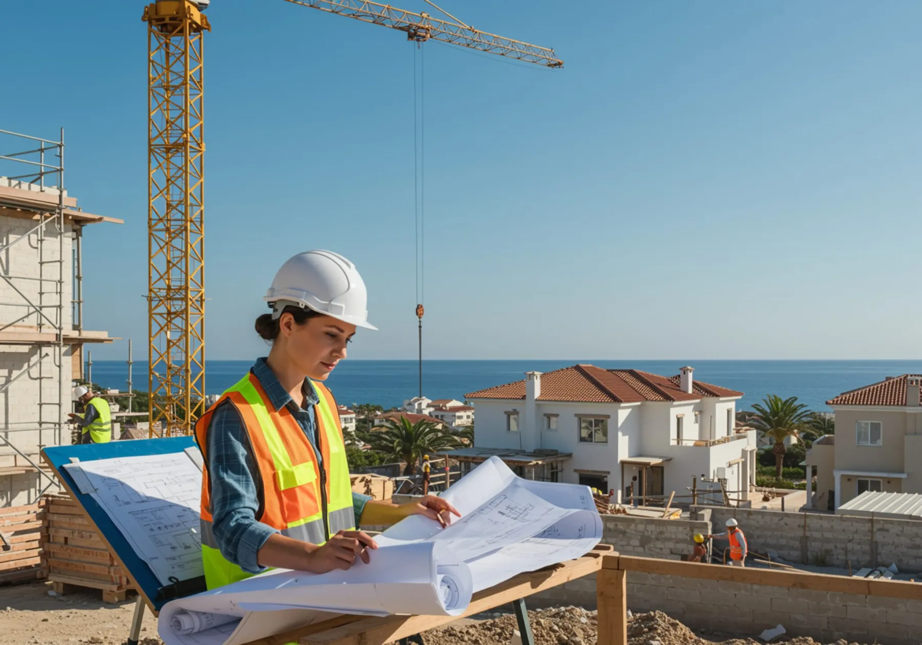 Alberto "Imagen de ingeniera evaluando planos en un sitio de construcción residencial mediterráneo de alta calidad, con grúas y villas en progreso junto al mar."