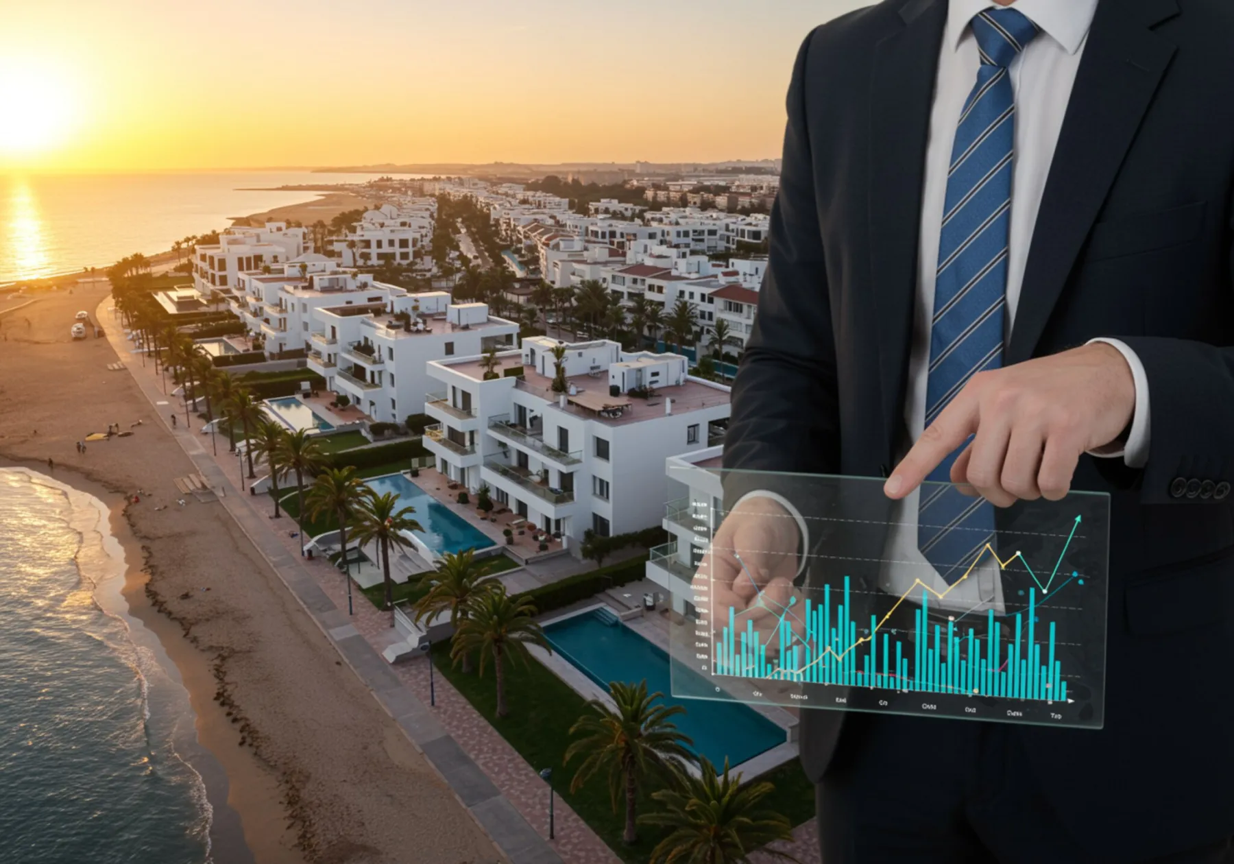 Angel "Visualización arquitectónica aérea al amanecer de modernos desarrollos residenciales en la costa de Cádiz, destacando villas elegantes y un ejecutivo mostrando gráficos de inversión, simbolizando ambición y crecimiento a largo plazo."