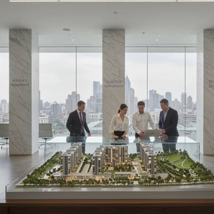 Nacho "Interior fotorealista de oficina corporativa moderna con luz natural, pilares de mármol y profesionales revisando un modelo arquitectónico que simboliza confianza y excelencia."
