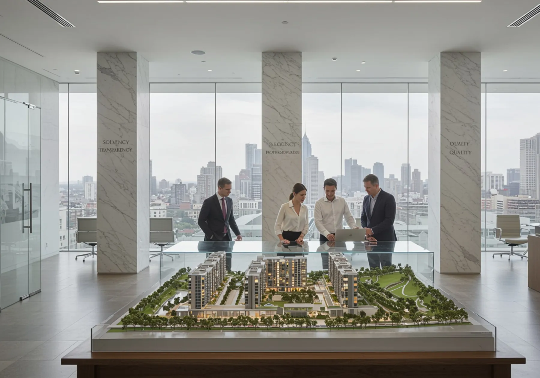 Nacho "Interior fotorealista de oficina corporativa moderna con luz natural, pilares de mármol y profesionales revisando un modelo arquitectónico que simboliza confianza y excelencia."