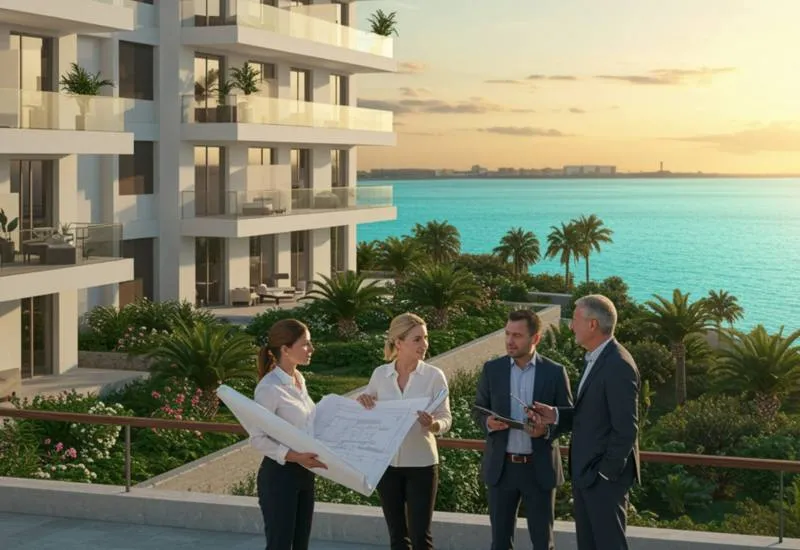 img nosotros 3 "Renderizado arquitectónico de un moderno complejo residencial en Cádiz, con profesionales discutiendo el proyecto al atardecer, destacando su diseño y materiales de alta calidad."
