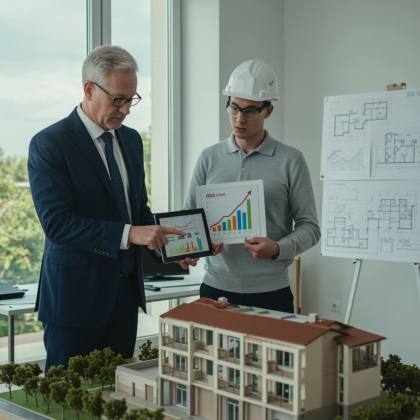 interior 1 2 "Inversor en traje navy y gerente de proyecto con casco en oficina moderna, analizando un gráfico de ROI en tablet junto a modelo de edificio mediterráneo."