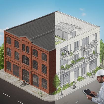 proyecto 1 "Render arquitectónico isométrico que muestra la conversión innovadora de un antiguo almacén de ladrillo rojo en elegantes lofts residenciales blancos, con un arquitecto revisando el diseño en una tablet."